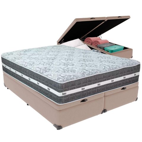 Cama Box Baú Bege e Colchão Black Graphite Molas Ensacadas King 193x203x32 Anjos