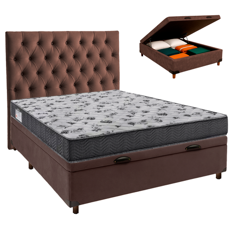 Conjunto Cama Box Bau Marrom Casal + Colchão D33 Iso100 Ortobom + Cabeceira