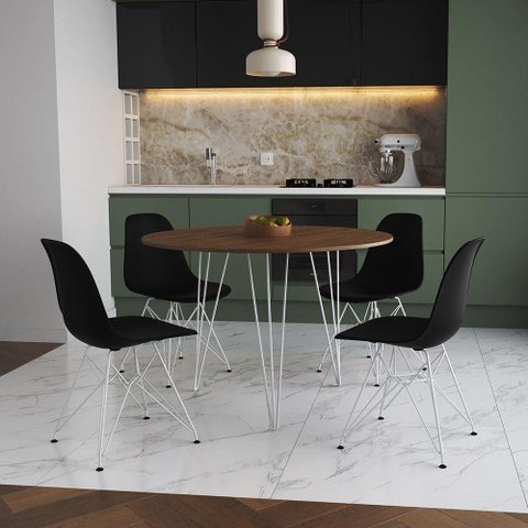Mesa De Jantar Redonda 90Cm Amêndoa Clips 3 Pés Com 4 Cadeiras Pretas Ferro Branco Cor: Amendoa