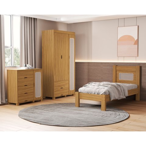 Quarto de Solteiro Clara Cama Cômoda e Guarda Roupa de Mdf Designer Rattan