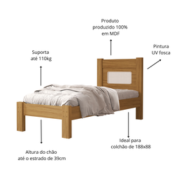 Quarto de Solteiro Clara Cama Cômoda e Guarda Roupa de Mdf Designer Rattan - 11
