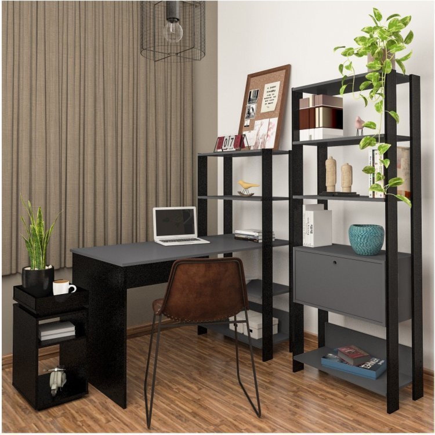 Conjunto Home Office 3 Peças com Escrivaninha Estante e Mesa Lateral Match Artely