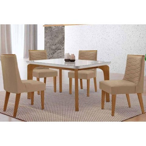 Sala de Jantar Completa Londrina C/ Tampo Madeirado C/ Vidro Canto Curvo 120x80cm 4 Cadeiras