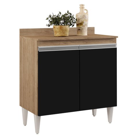 Balcão de Cozinha Lavanderia com Tampo 02 Portas Sara 80 cm - D’Rossi Castanho e Preto