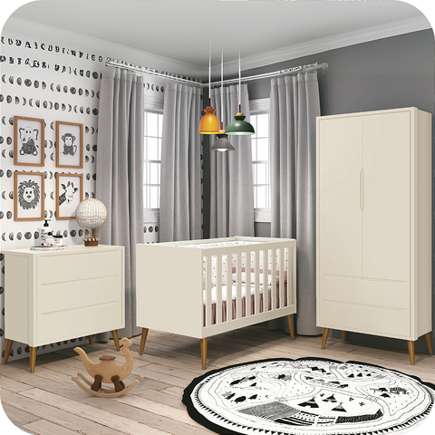Quarto de Bebê Berço + Cômoda + Guarda Roupa Retrô Areia Theo Madeira