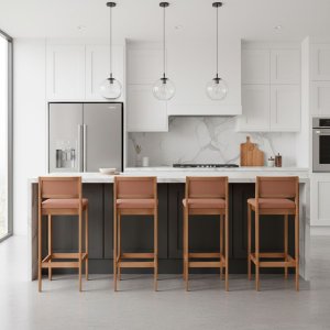 Kit 4 Banquetas Assento Encosto Estofado em Sintetico Hellen:mel com Sintetico Nude