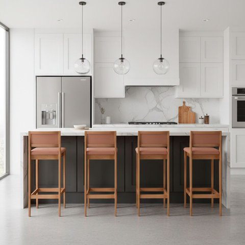 Kit 4 Banquetas Assento Encosto Estofado em Sintetico Hellen:mel com Sintetico Nude