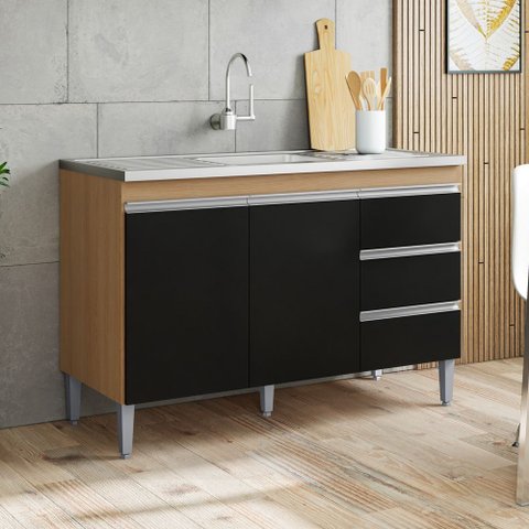 Balcão Gabinete Cozinha Andréia 120cm 2 Portas sem Tampo Mdp Amêndoa/preto - Desk Design