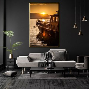 Quadro Decorativo Tela Vertical Barco Por do Sol Com Moldura e Sem Vidro 40X60