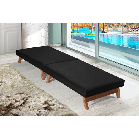 Cama Portátil Dobrável Preto c/Pés Madeira Espuma D26 Multifuncional