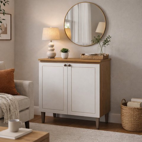 Balcão Aparador 2 Portas em MDF Linha Essência Frise Estilo Americano Branco/Cinamomo