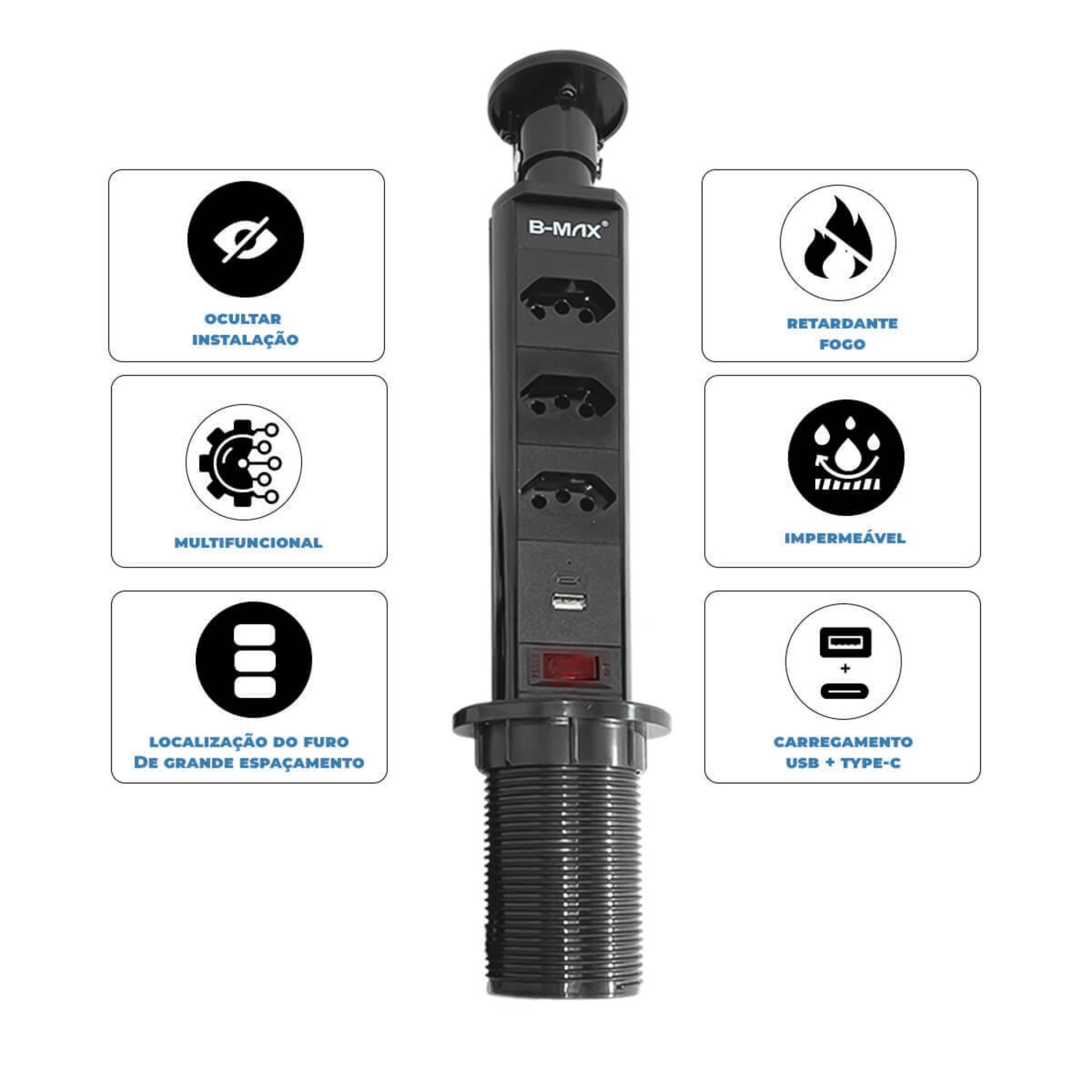 Tomada de Embutir Retrátil com 3 Tomadas, Usb e Tipo C – Bivolt - 4