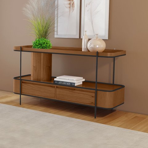 Aparador Sala de Jantar Cachepot em Madeira Maciça Imbuia Mel 2 Gavetas Estrutura Metal Preto