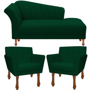 Kit Recamier Sofá Divã Chaise Longue + 2 Poltrona Iza Retro: Suede Verde Musgo