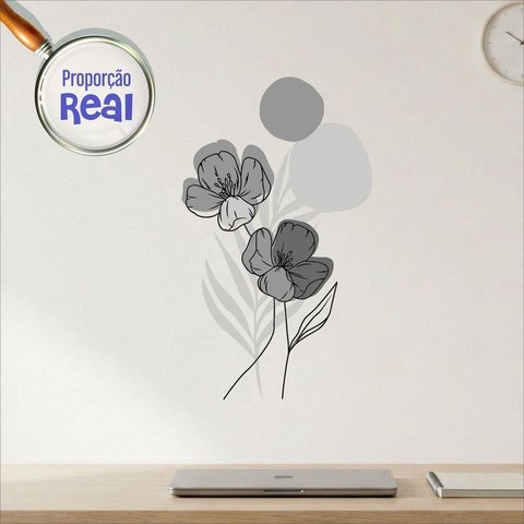 Adesivo Floral Boho Cinza Estilo Nórdico 35X60 Minimalista Abstrato