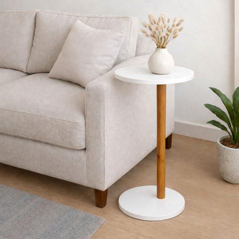 Mesa de Apoio Monopé Lateral Redonda para Sofá ou Cama Branca