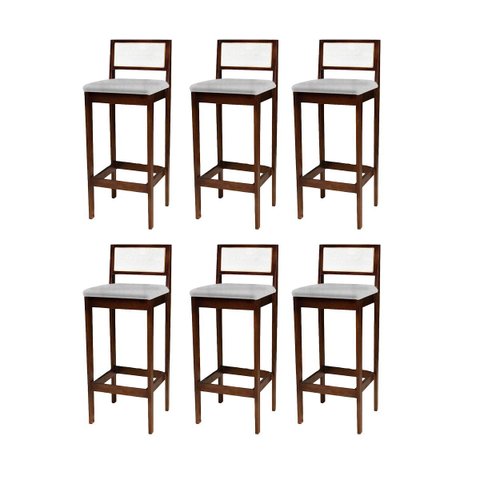 Kit 6 Banquetas Madeira Imbuia com Linho Prata para Cozinha com Encosto Palha Indiana