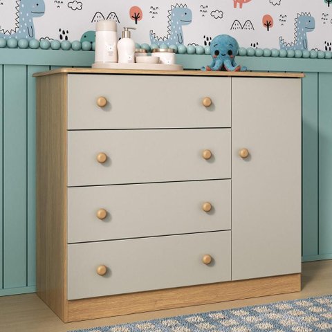 Cômoda Infantil 95cm 1 Porta e 4 Gavetas Encanto Multimóveis Mp4449 Madeirado/off White
