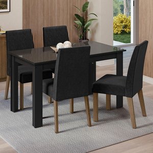Conjunto Sala de Jantar Mesa Tampo de Vidro 4 Cadeiras Preto/oxford Antônia Madesa