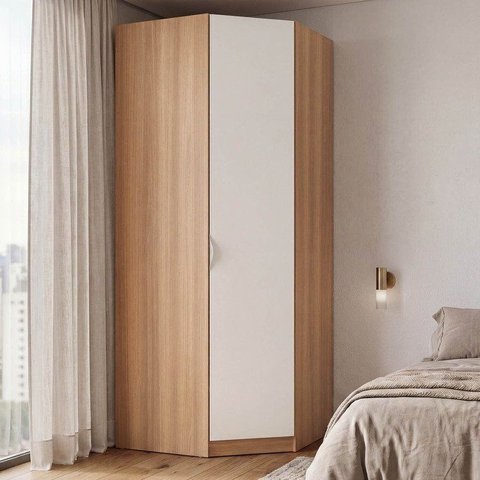 Guarda Roupa Planejado de Canto Obliquo 1 Porta Hera CabeCasa MadeiraOriginals Marrom Louro/Algodão