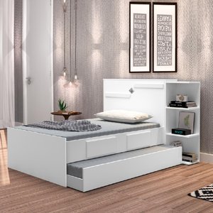 Cama Solteiro Cabeceira Baú com Cama Auxiliar 0,88m 2 Gavetas Hortencia Branco / Branco Lilás