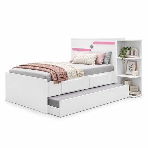 Cama Solteiro Cabeceira Baú com Cama Auxiliar 0,88m 2 Gavetas Hortencia Branco / Branco Lilás