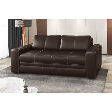 Sofá 3 Lugares Couro Marrom Dakota Pés Madeira