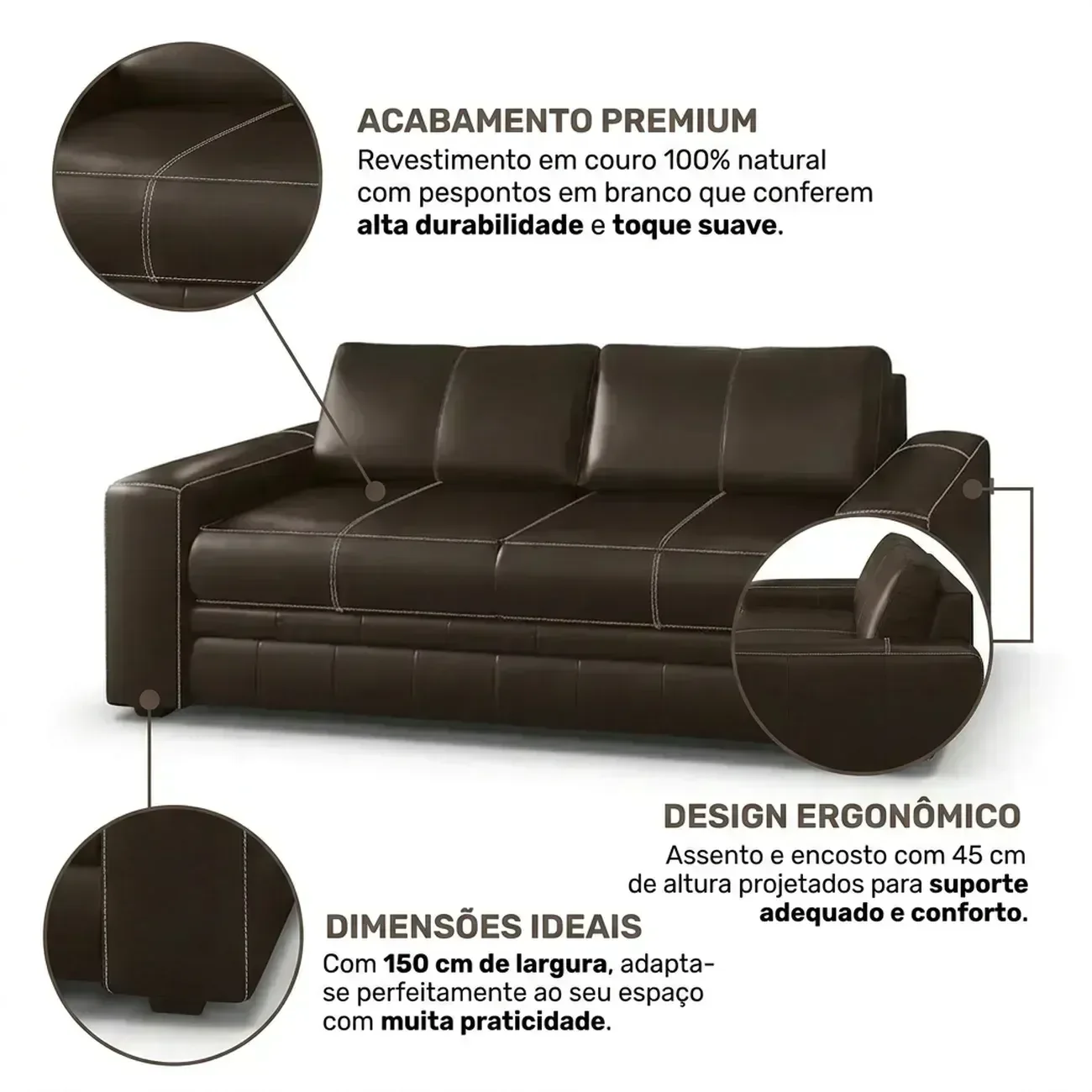 Sofá 2 Lugares Dakota em Couro Legítimo Marrom 150cm - 4 Sofá 2 Lugares Dakota em Couro Legítimo Marrom 150cm - 4