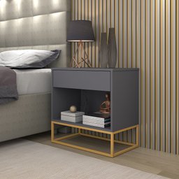 Kit 2 Mesa Lateral para Cama Criados Industrial Malta Cinza Pés de Ferro Dourado - 2