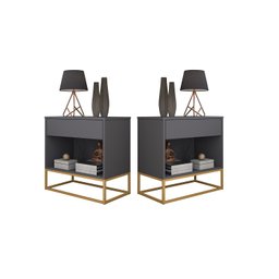 Kit 2 Mesa Lateral para Cama Criados Industrial Malta Cinza Pés de Ferro Dourado - 1