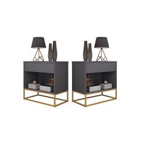 Kit 2 Mesa Lateral para Cama Criados Industrial Malta Cinza Pés de Ferro Dourado