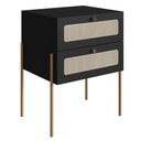 Ver imagem 1 de Mesa Cabeceira 2 Gavetas Oslo Artesano 48 Cm (larg) Mdp Nero Palha Sintética Bege Pé Metal Dourado