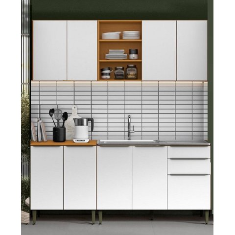 Kit Cozinha Modulada Luana 190cm com Balcão 120cm P/ Pia sem Cuba - Cinamomo/branco Aramóveis