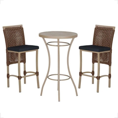Mesa Bistro e 2 Banquetas Roma Fendi Corda Náutica 12 Marrom