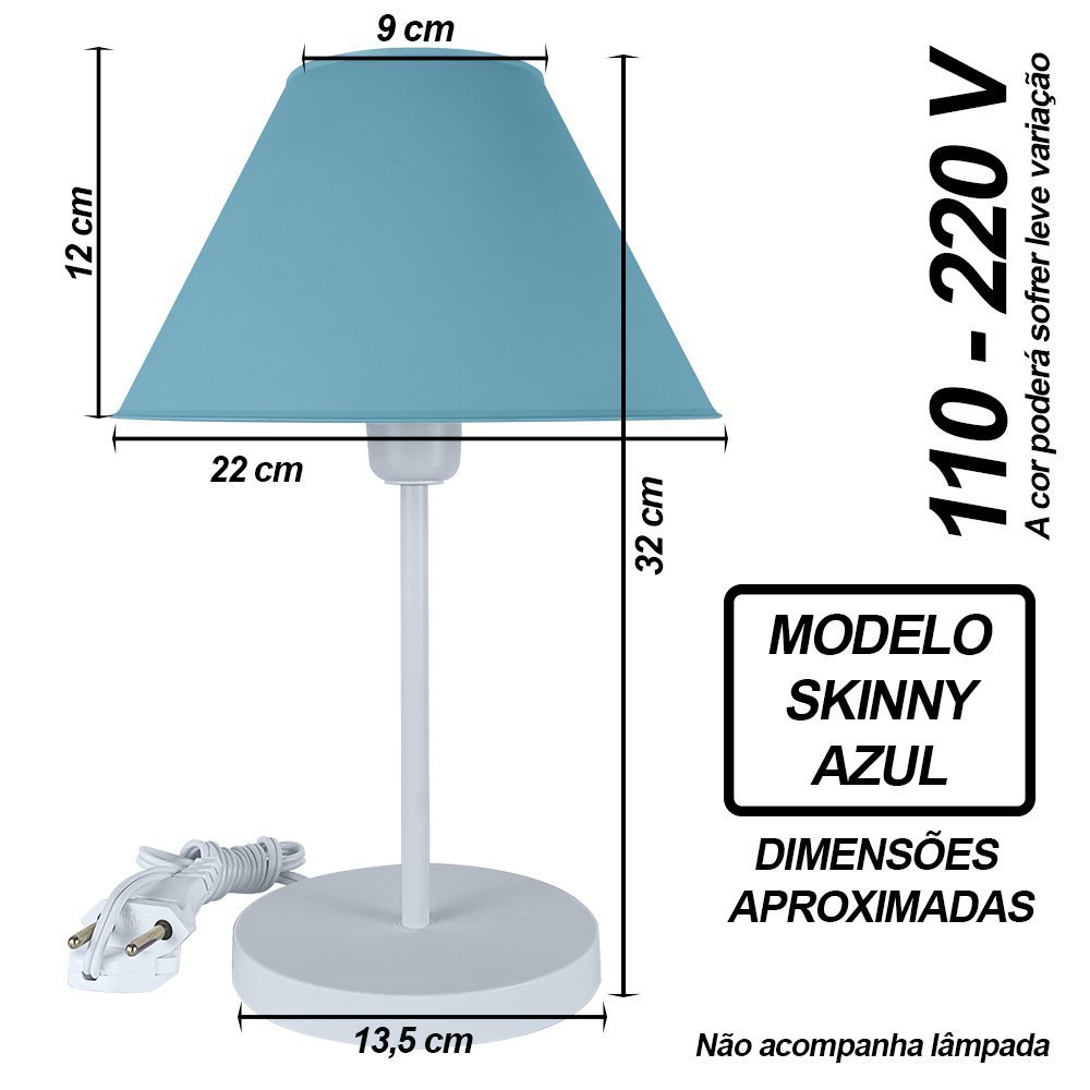 Abajur Infantil Luminária de Mesa Fino Decoração Quarto – Skinny Base Branca Cúpula Azul - 2