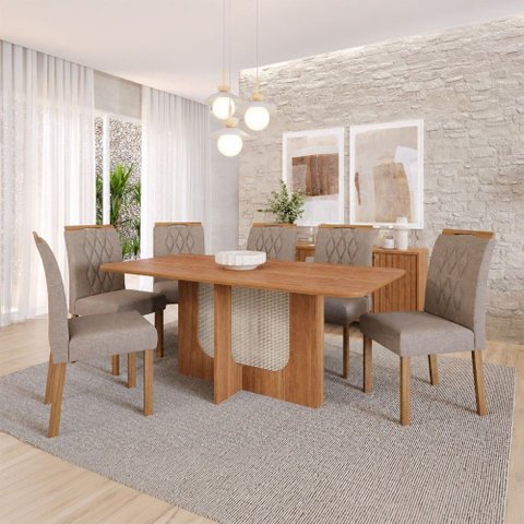 Sala de Jantar 6 Lugares 180 cm Lagertha Cadeiras Madeira Maciça Cinamomo/Linho Bege - Panorama Móve