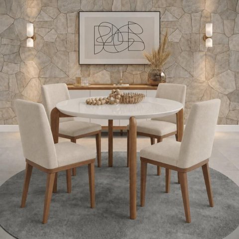 Conjunto de Jantar Mesa c/Vidro Donatella 4 Cadeiras Kalina - Soft Palha