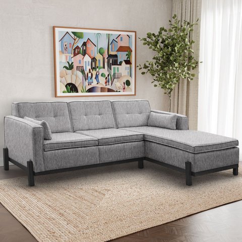 Sofá 3 Lugares com Chaise Lado Esquerdo 212cm em Linho Tiê CabeCasa MadeiraOriginals Cinza