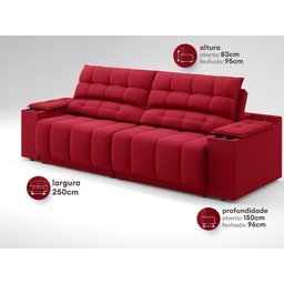 Sofá com Porta Copos Carregador USB Ret Rec Samurai 2,50m Velosuede Vermelho - NETSOFAS - 3