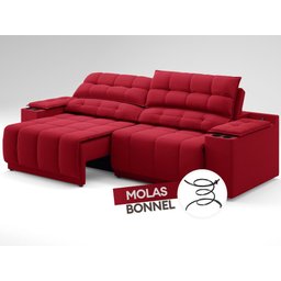 Sofá com Porta Copos Carregador USB Ret Rec Samurai 2,50m Velosuede Vermelho - NETSOFAS - 6