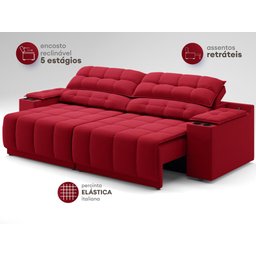 Sofá com Porta Copos Carregador USB Ret Rec Samurai 2,50m Velosuede Vermelho - NETSOFAS - 5