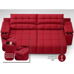 Sofá com Porta Copos Carregador USB Ret Rec Samurai 2,50m Velosuede Vermelho - NETSOFAS - 2