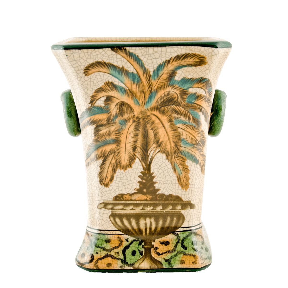Cachepot quadrado em cerâmica Craquelê, fundo Fendi com pintura de palmeira mista amarela e verde