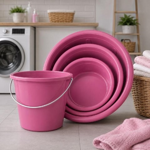 Kit Lavanderia Rosa 4 Pecas Balde com Alca 3 Bacias Plasticas Limpeza Roupas Casa Multiuso