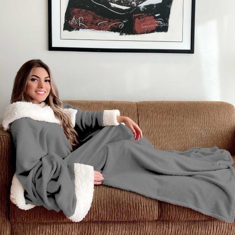 Cobertor com Manga Sherpa Cinza Quentinho Casa Dona
