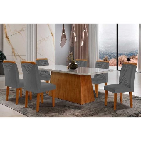 Conjunto: Mesa Sala Jantar Luna Tampo Madeirado C/ Vidro Canto Curvo 180x90 e 6 Cadeiras Amsterdã