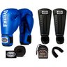 Kit Muay Thai Luva Bandagem Bucal Caneleira Top Azul 12oz - 1