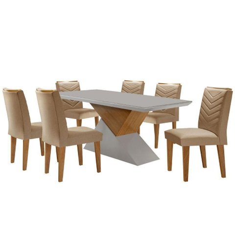 Mesa Aster 180 Tampo em Mdf e Vidro + 6 Cadeiras Liz Moderna Turim 07/off White/imbuia