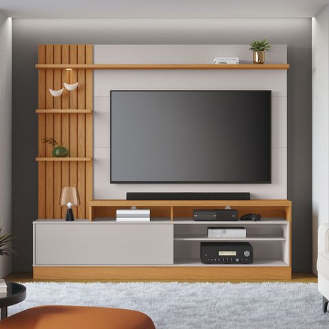 Estante Ripado Home Theater para TVs até 65 Polegadas 185,3cmx200cm com LED 1 Porta 4 Nichos Maceió Colibri Móveis