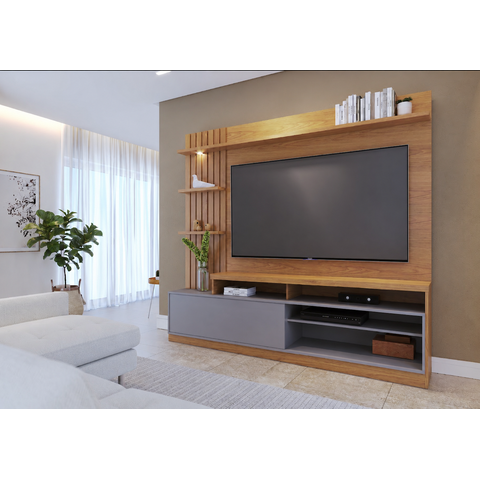 Estante para TV e Home Theater Ripado para TV até 65 Polegadas com LED 200CMX185,3cm Tvs com LED 1 Porta 4 Nichos Maceió Marrom